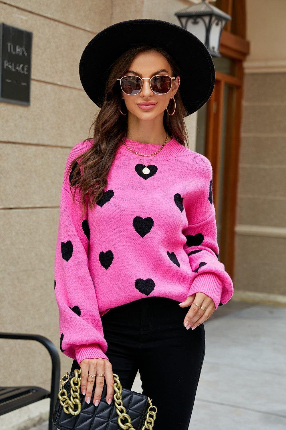 Heart Pattern Lantern Sleeve Round Neck Tunic Sweater - Trendsi