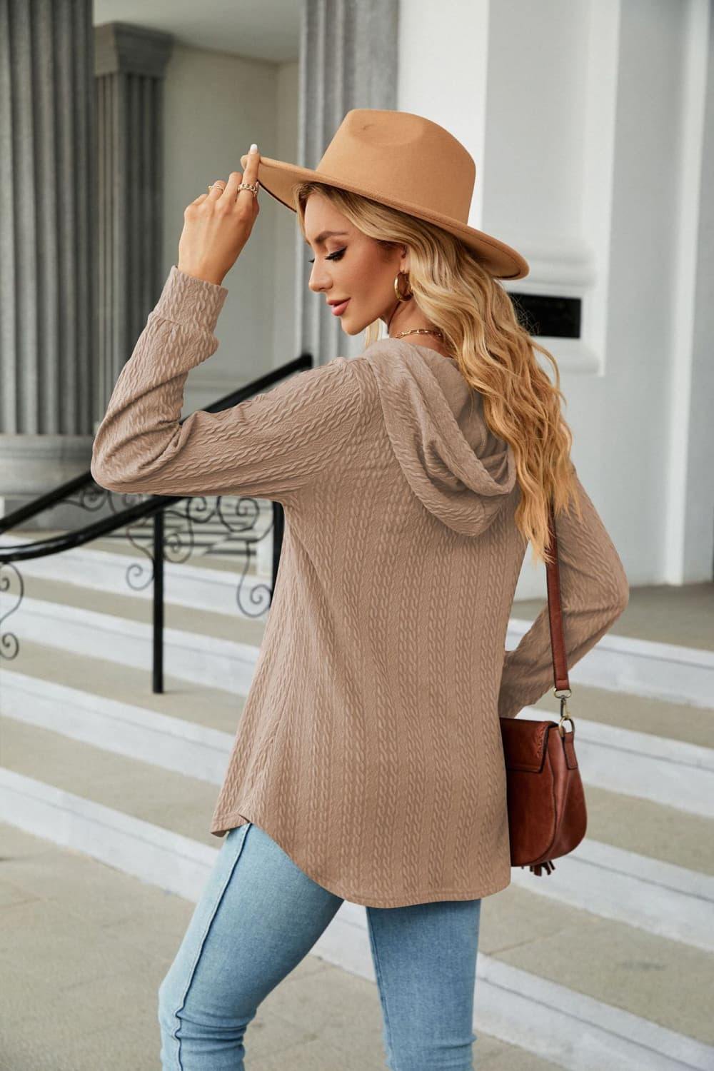 Long Sleeve Hooded Blouse - Trendsi