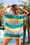 Openwork Striped V-Neck Short Sleeve Cover Up - Trendsi