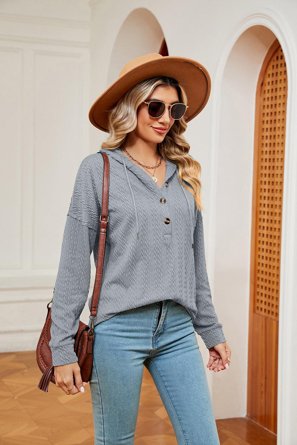 Half-Button Dropped Shoulder Hoodie - Trendsi