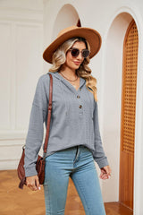 Half-Button Dropped Shoulder Hoodie - Trendsi