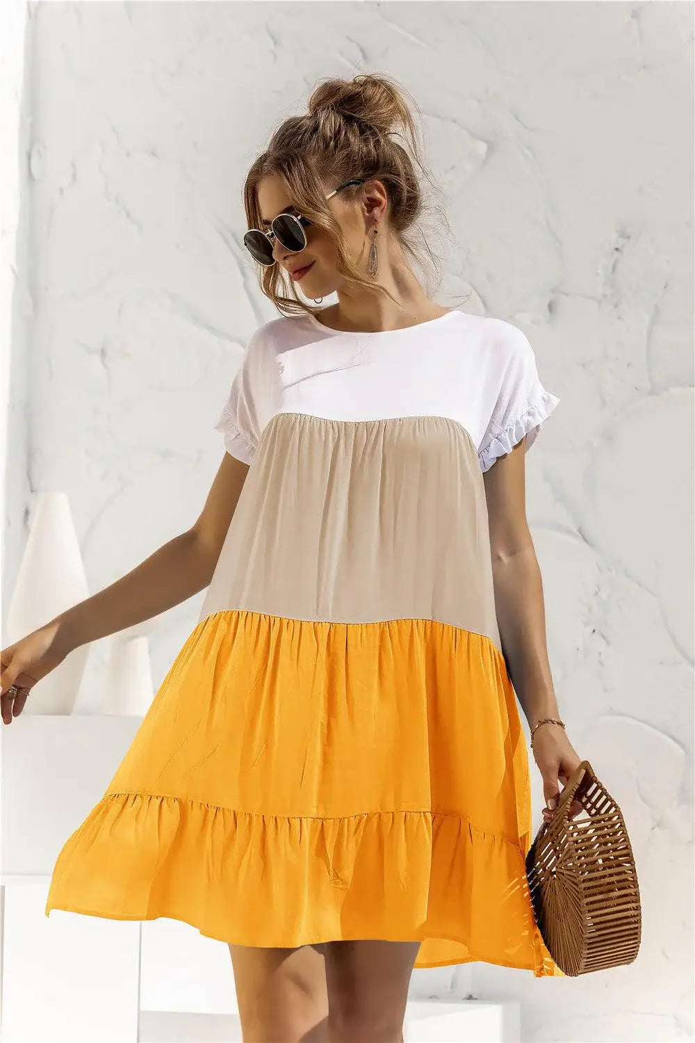 Color Block Round Neck Ruffle Hem Dress - Trendsi - Flyclothing LLC