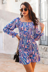 Abstract Print Square Neck Smocked Dress - Flyclothing LLC
