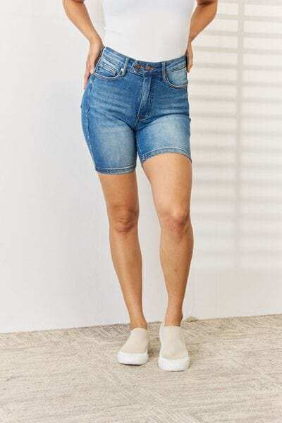Judy Blue Full Size Tummy Control Double Button Bermuda Denim Shorts - Trendsi - Flyclothing LLC