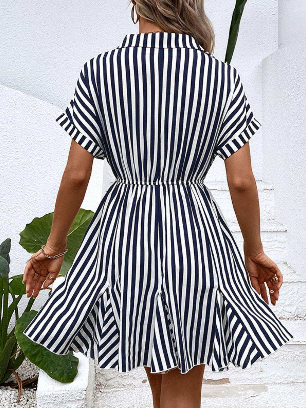 Striped Johnny Collar Mini Dress - Trendsi - Flyclothing LLC
