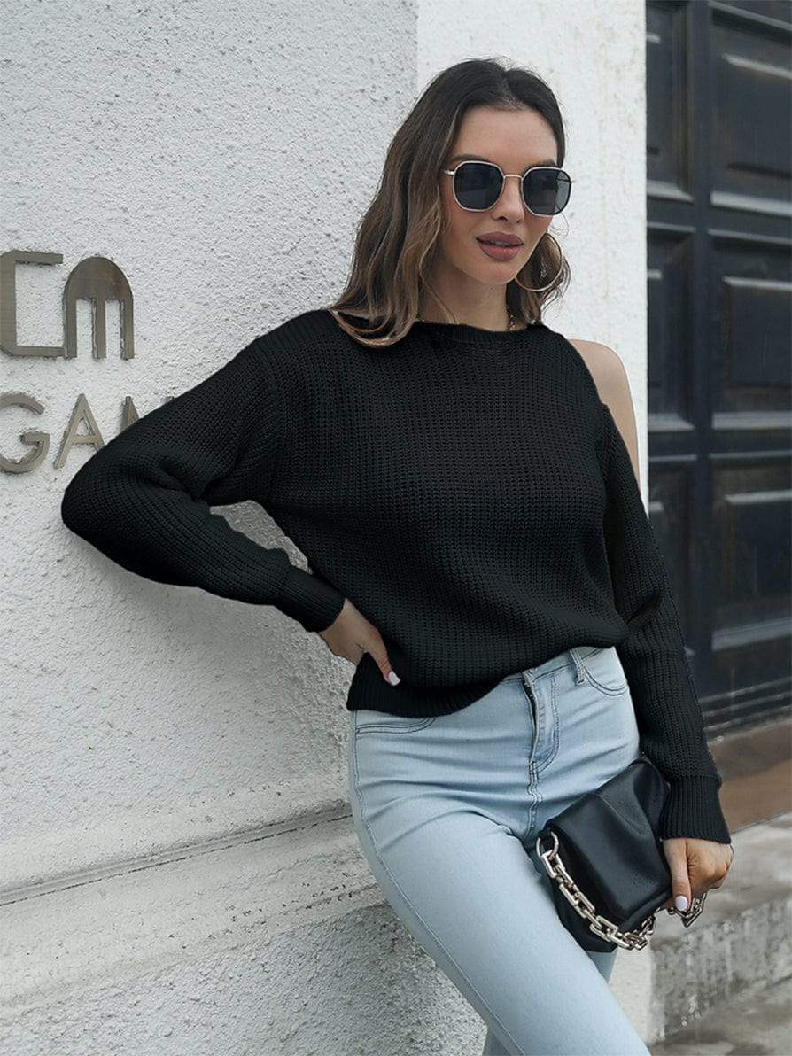 Cold-Shoulder Round Neck Sweater - Trendsi - Flyclothing LLC