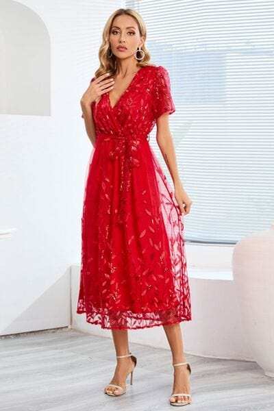 Sequin Leaf Embroidery Tie Front Short Sleeve Dress - Trendsi - Flyclothing LLC