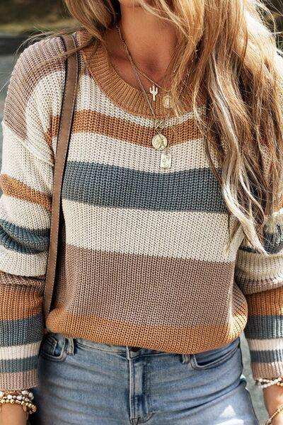 Striped Round Neck Dropped Shoulder Sweater - Trendsi - Flyclothing LLC