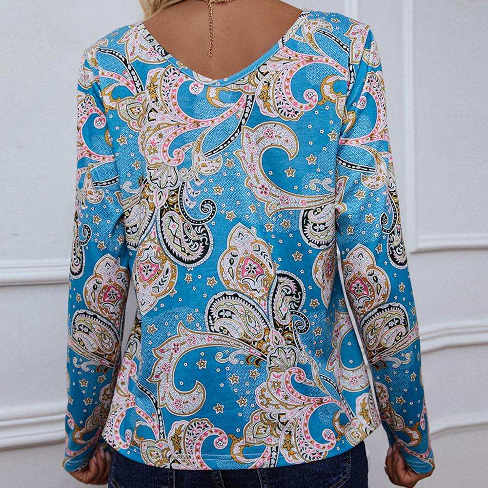 Printed V-Neck Long Sleeve Blouse - Trendsi - Flyclothing LLC