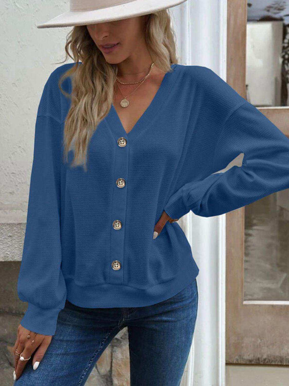 V-Neck Dropped Shoulder Blouse - Trendsi - Flyclothing LLC