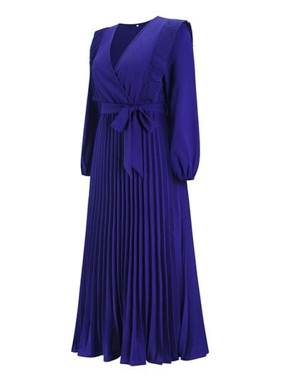 Pleated Surplice Tie Waist Maxi Dress - Trendsi