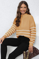 Mock Neck Long Sleeve Zip-Up Sweater - Trendsi - Flyclothing LLC