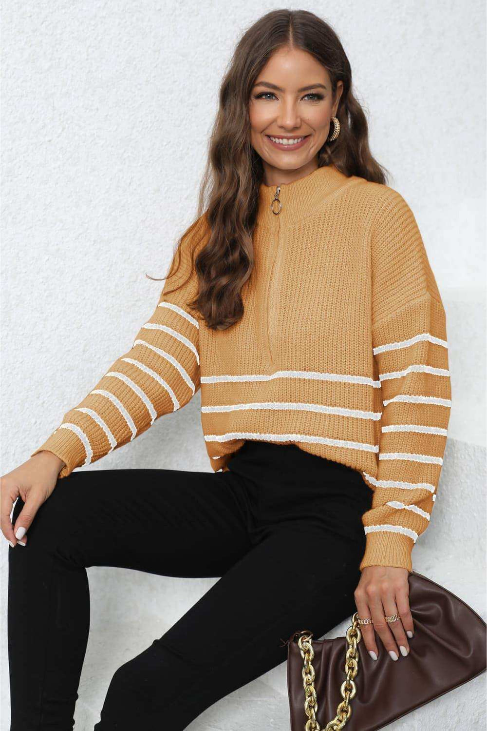 Mock Neck Long Sleeve Zip-Up Sweater - Trendsi - Flyclothing LLC