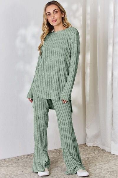 Basic Bae Full Size Ribbed High-Low Top and Wide Leg Pants Set - Trendsi