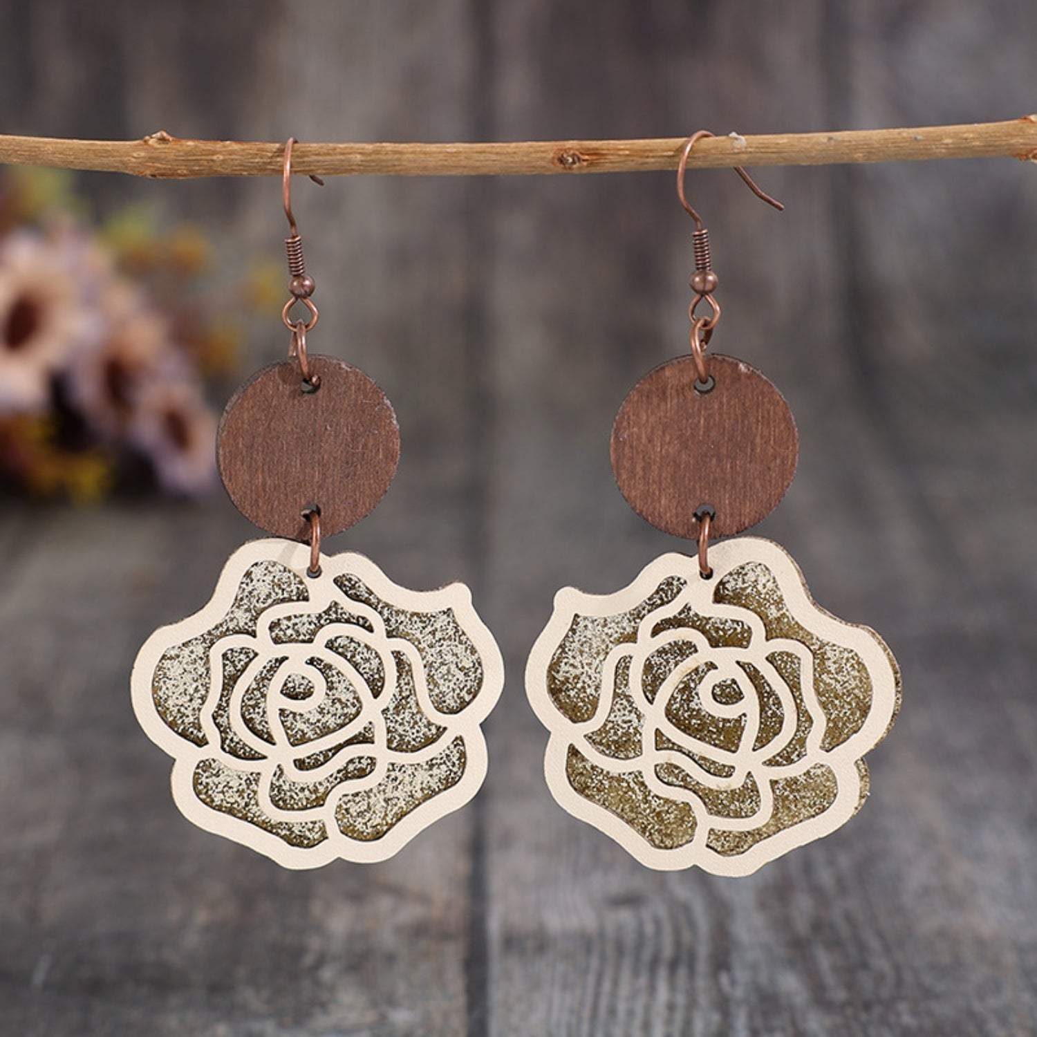 Wooden Alloy Rose Shape Dangle Earrings - Trendsi - Flyclothing LLC