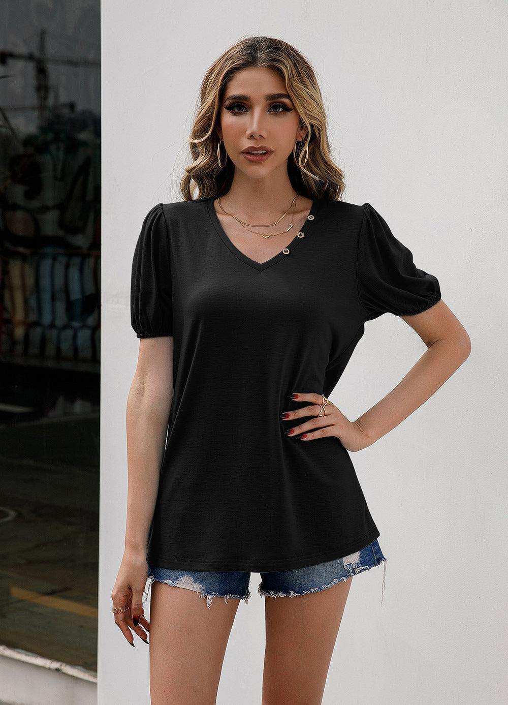 V-Neck Decorative Buttons Puff Sleeve Tee - Trendsi - Flyclothing LLC