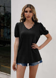 V-Neck Decorative Buttons Puff Sleeve Tee - Trendsi - Flyclothing LLC