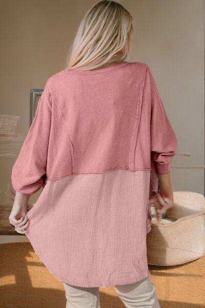 Contrast Texture Round Neck Long Sleeve Blouse - Trendsi - Flyclothing LLC