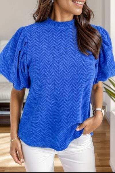 Mock Neck Puff Sleeve Blouse - Trendsi - Flyclothing LLC