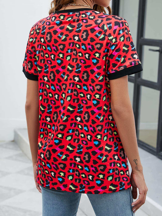 Leopard Round Neck Short Sleeve Tee Shirt - Trendsi - Flyclothing LLC