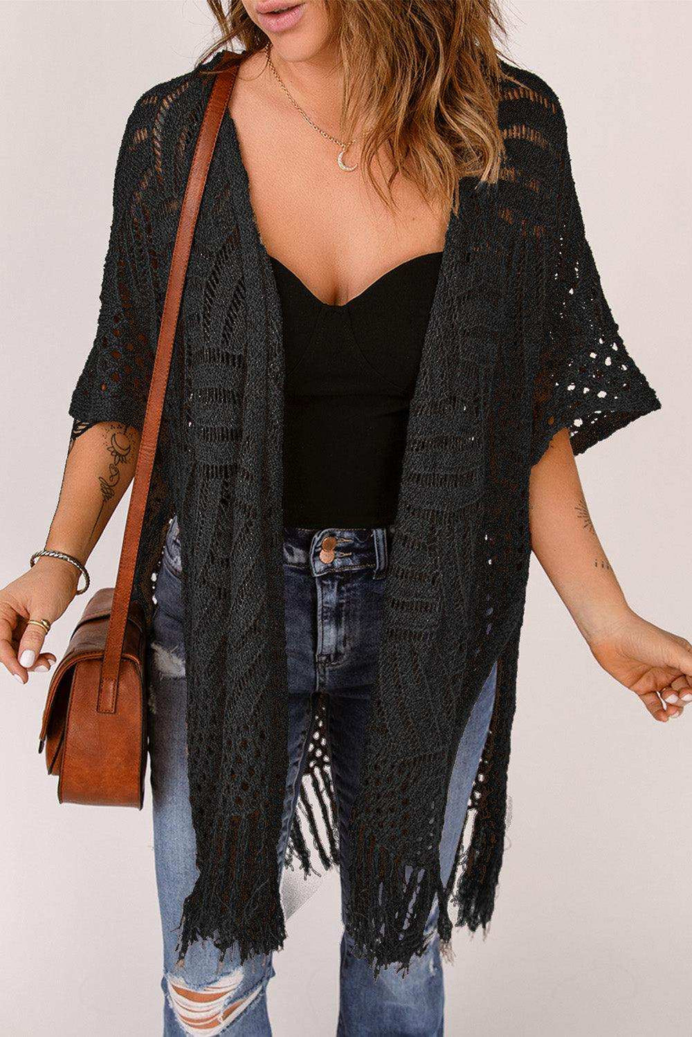 Fringe Hem Slit Open Front Cardigan - Trendsi - Flyclothing LLC