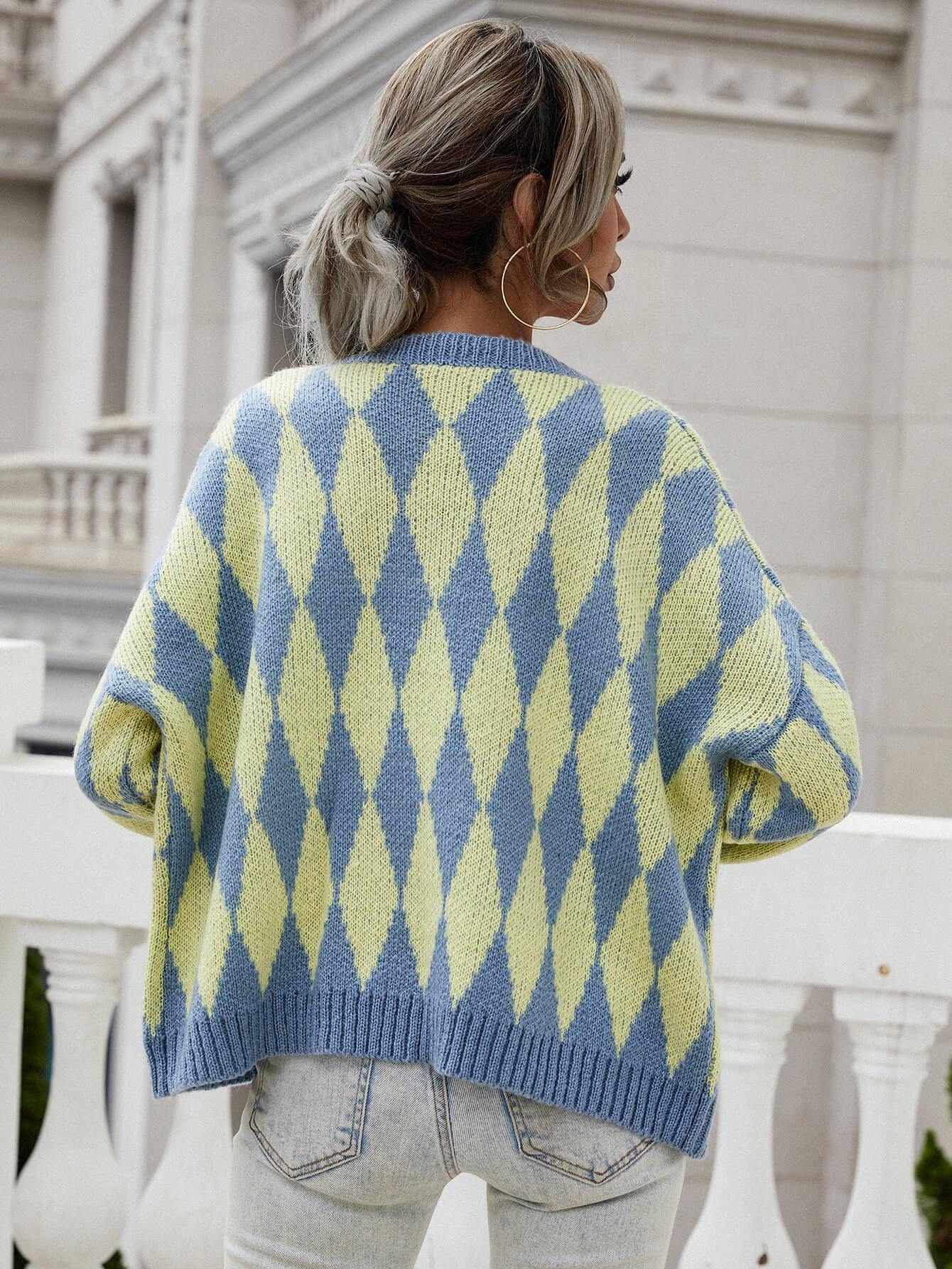 Argyle Button Front Drop Shoulder Cardigan - Trendsi