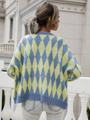 Argyle Button Front Drop Shoulder Cardigan - Trendsi