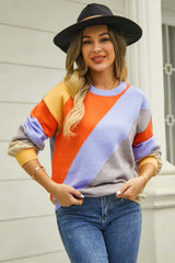 Color Block Round Neck Long Sleeve Sweater - Trendsi - Flyclothing LLC
