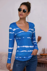 Tie-Dye Plunge Long Sleeve Top - Trendsi - Flyclothing LLC