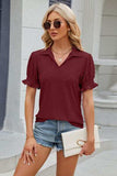 Eyelet Johnny Collar Short Sleeve Blouse - Trendsi - Flyclothing LLC