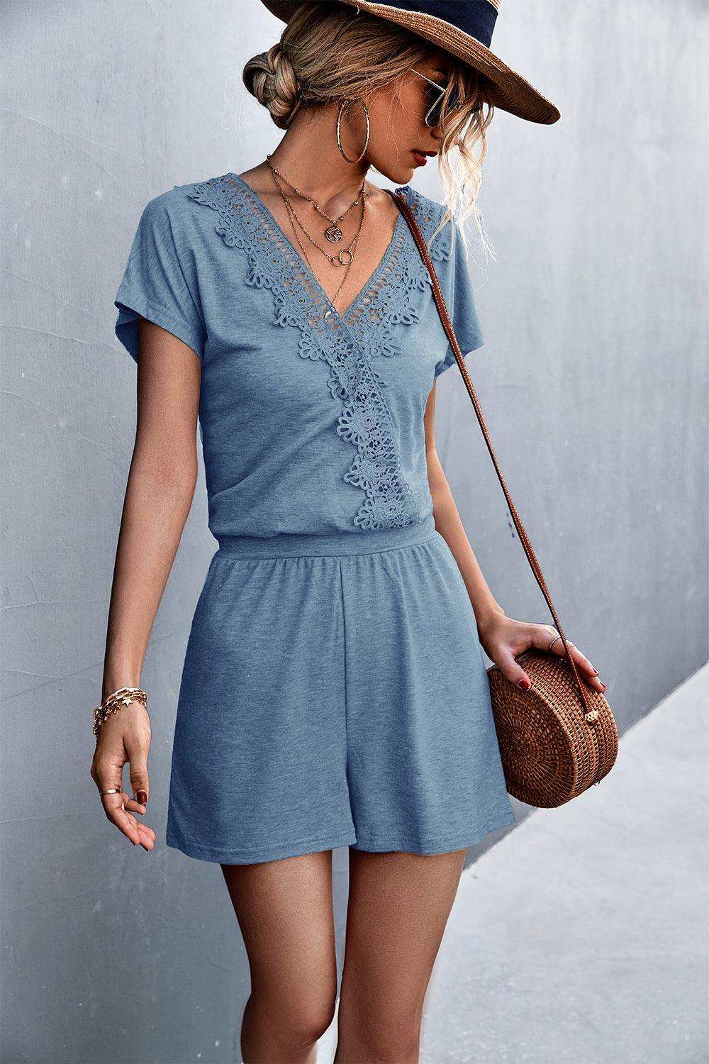 Lace Trim V-Neck Romper - Trendsi - Flyclothing LLC