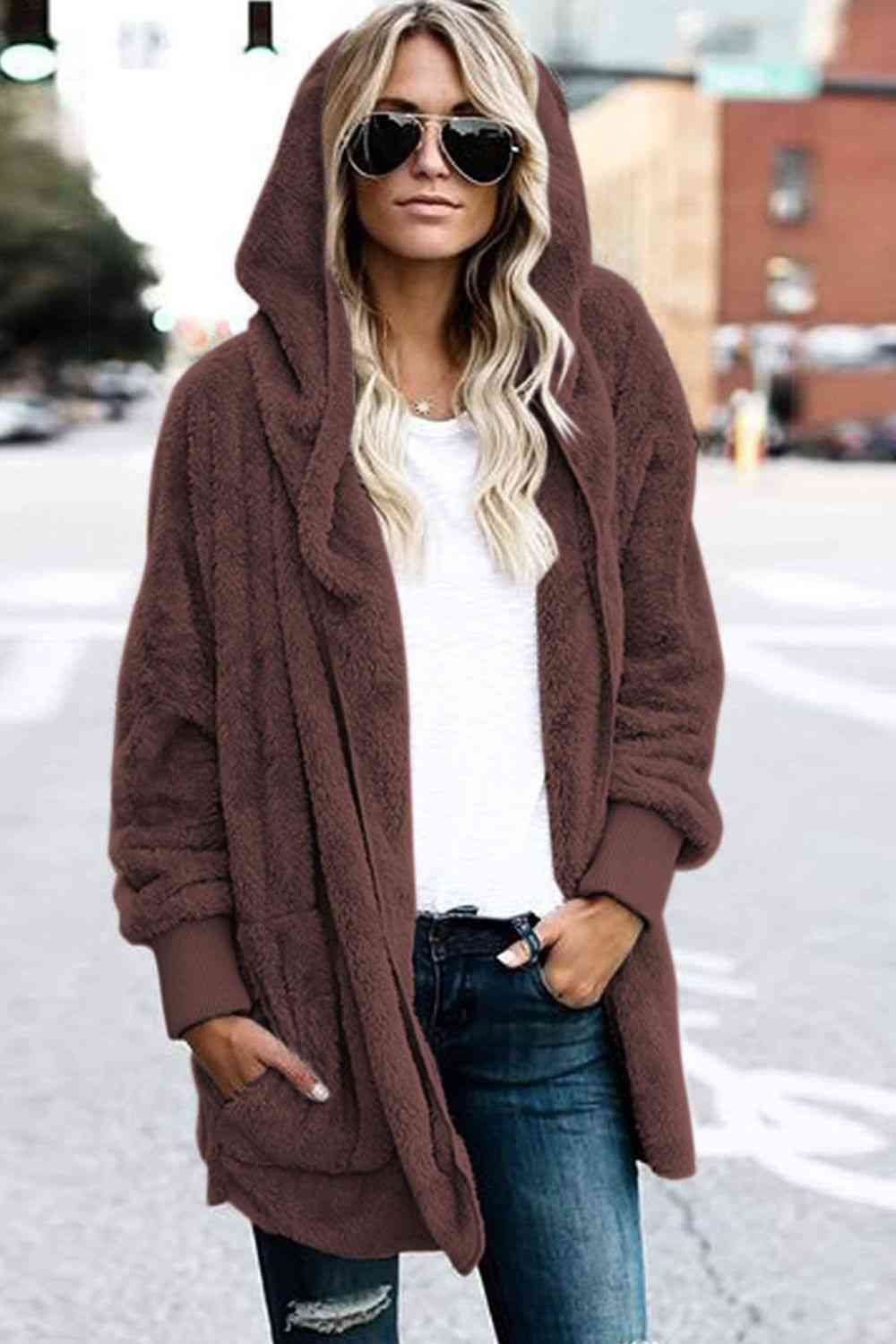 Teddy Hooded Jacket with Pockets - Trendsi - Flyclothing LLC