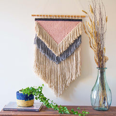 Handwoven Boho Wall Hanging, Pink with Cream Fringe - Asha Handicrafts