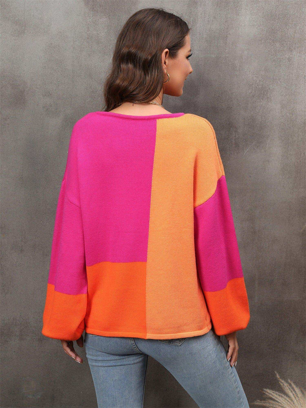 Color Block Round Neck Dropped Shoulder Sweater - Trendsi - Flyclothing LLC