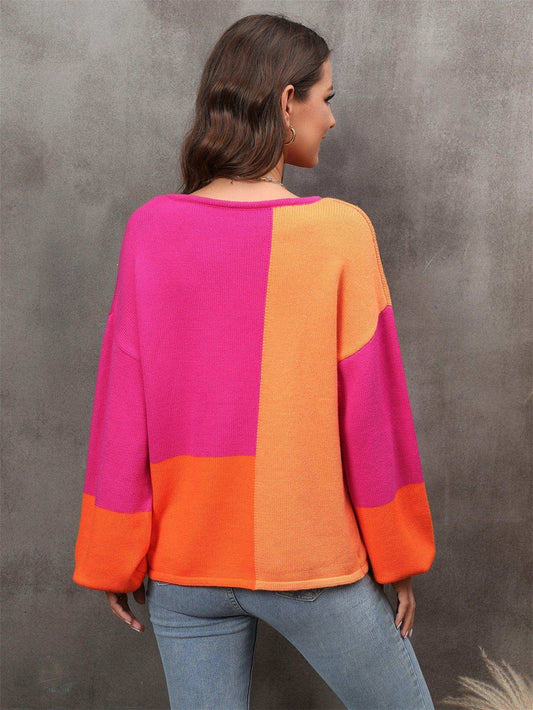 Color Block Round Neck Dropped Shoulder Sweater - Trendsi - Flyclothing LLC