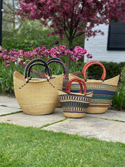 Bolga Tote, Mixed Colors with Leather Handle - 18-inch - Gitzell