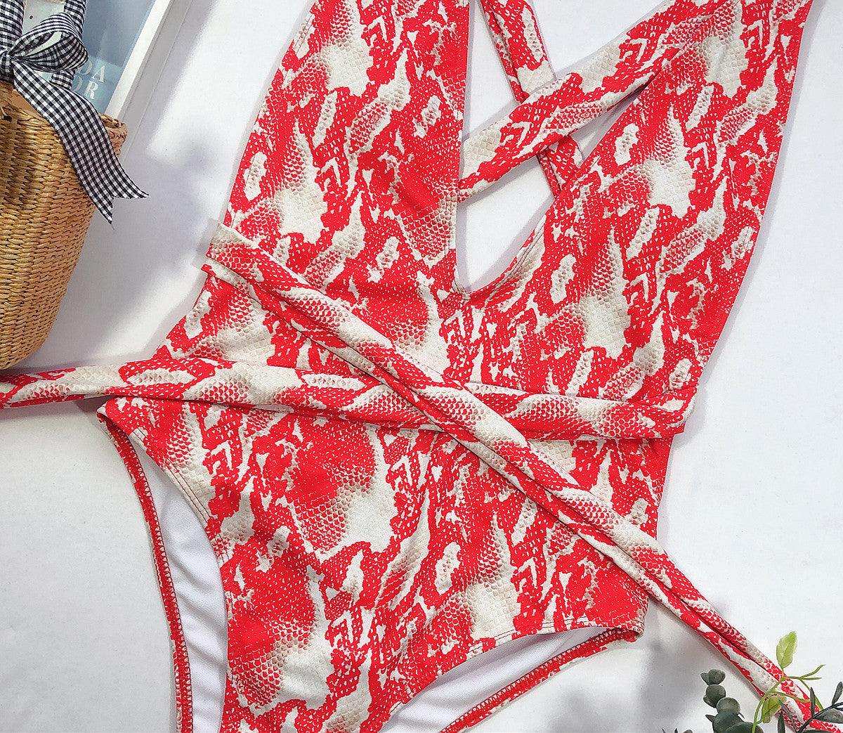 Halter Neck Deep V Tied One-Piece Swimsuit - Trendsi - Flyclothing LLC