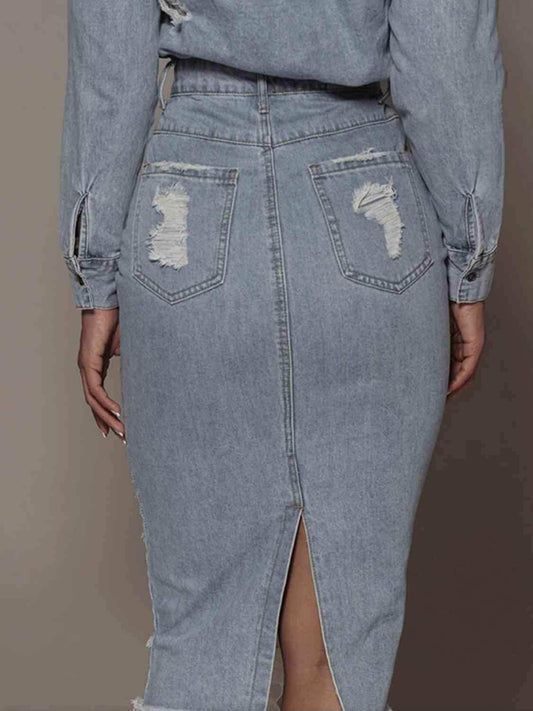 Distressed Slit Denim Skirt - Trendsi - Flyclothing LLC