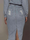 Distressed Slit Denim Skirt - Trendsi