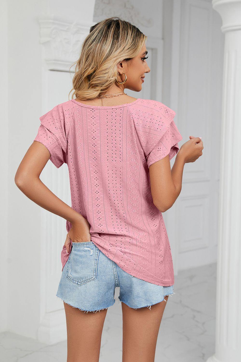 Eyelet Layered Flutter Sleeve V-Neck Knit Top - Trendsi
