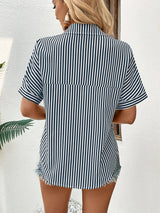Lapel Collar Short Sleeve Blouse - Trendsi - Flyclothing LLC