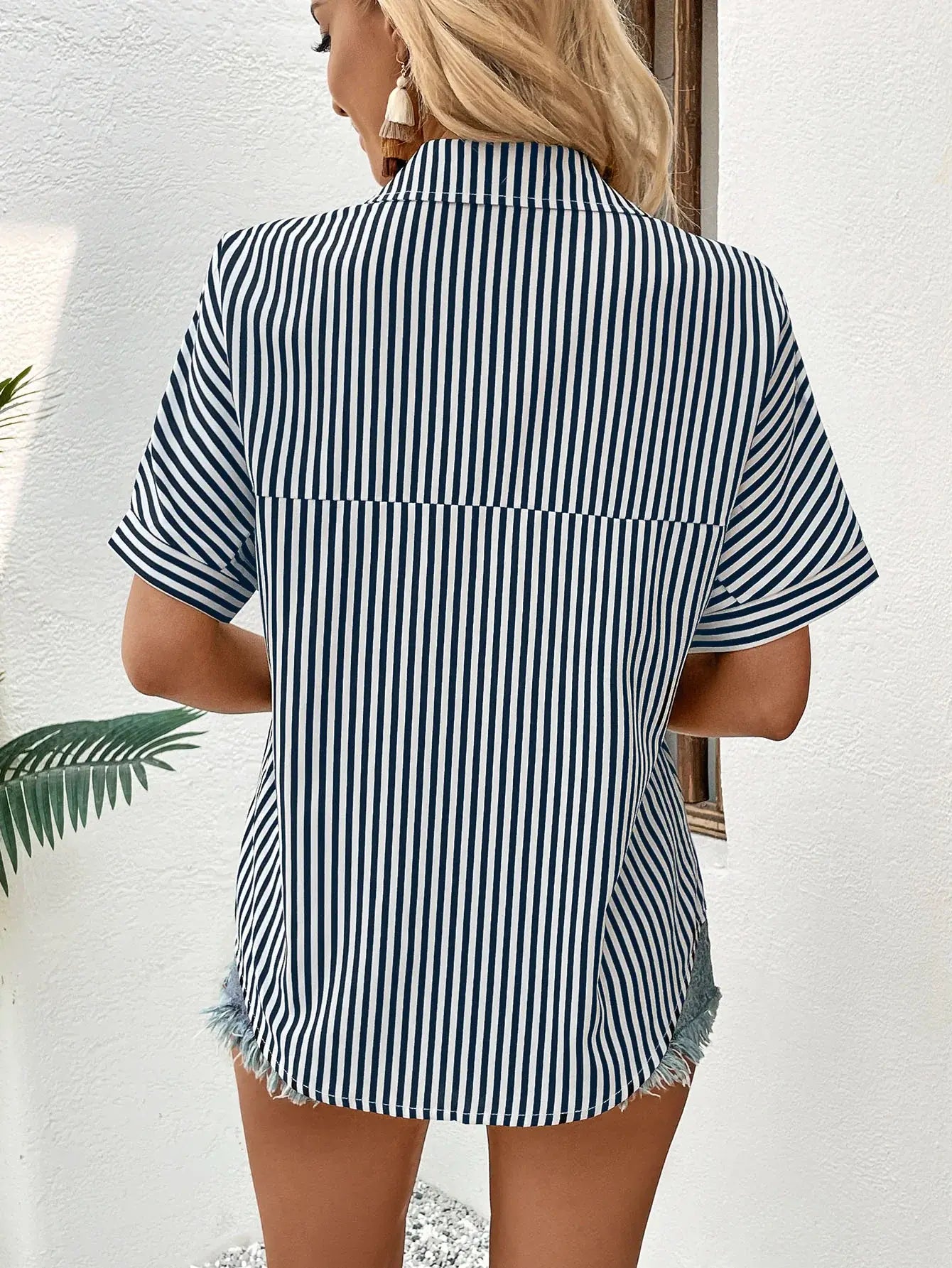 Lapel Collar Short Sleeve Blouse - Trendsi - Flyclothing LLC