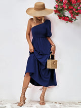 Smocked One-Shoulder Midi Dress - Trendsi - Flyclothing LLC