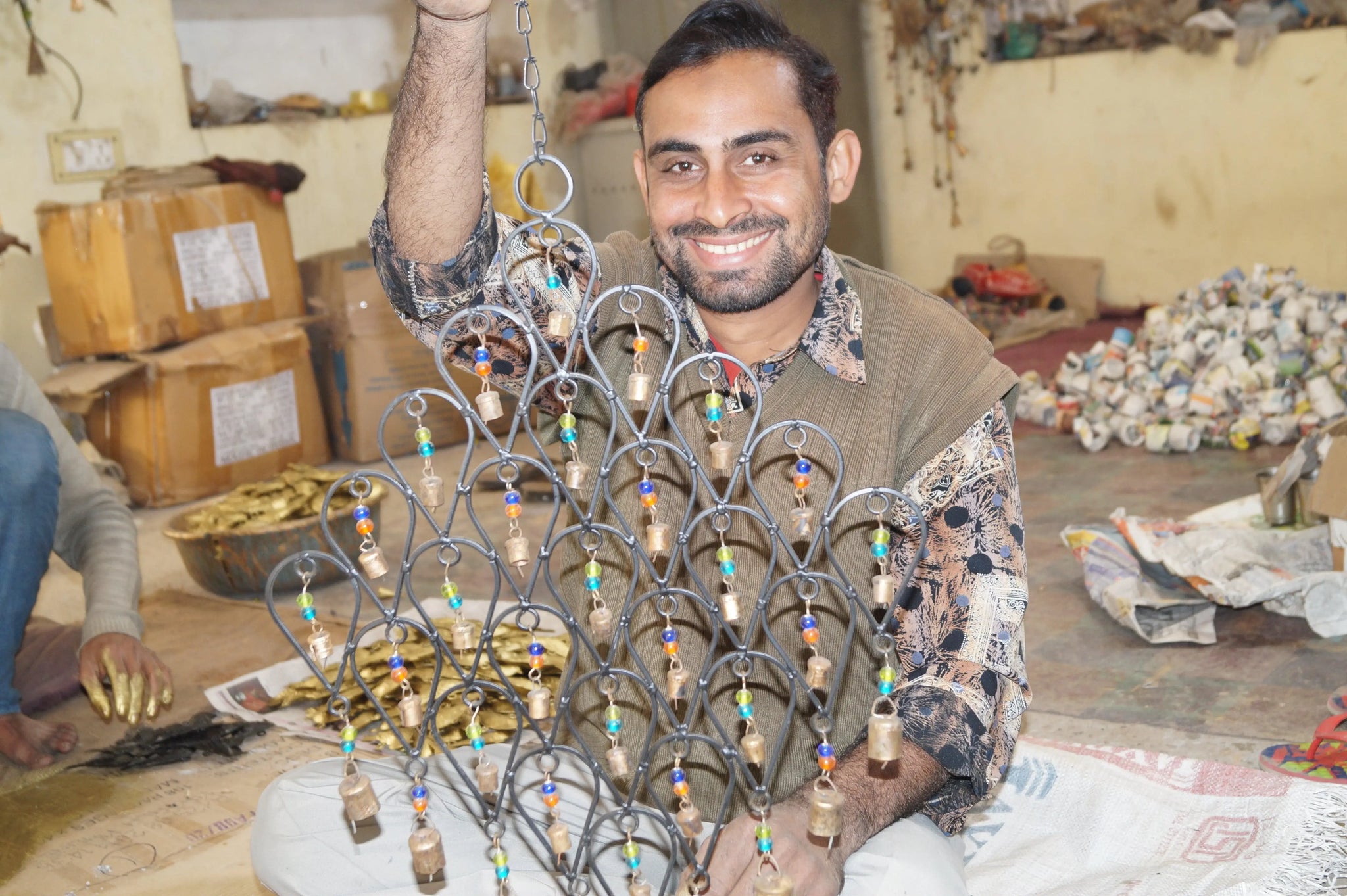 Handcrafted Bird Chime, Recycled Iron and Glass Beads - Asha Handicrafts - Flyclothing LLC