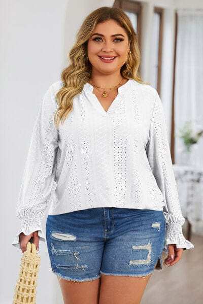 Plus Size Eyelet Notched Flounce Sleeve Blouse - Trendsi - Flyclothing LLC