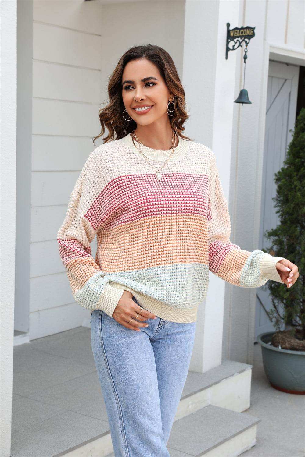 Waffle-Knit Round Neck Dropped Shoulder Color Block Sweater - Trendsi - Flyclothing LLC