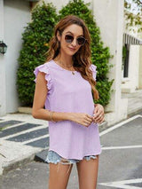 Plaid Ruffled Round Neck Cap Sleeve T-Shirt - Trendsi - Flyclothing LLC