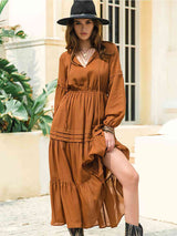 Tie Neck Long Sleeve Midi Tiered Dress - Trendsi - Flyclothing LLC