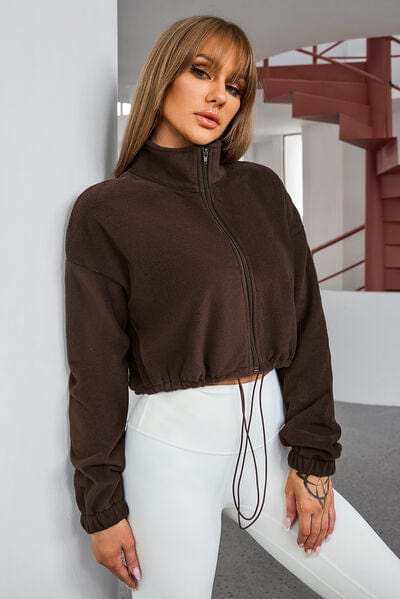 Drawstring Zip Up Dropped Shoulder Outerwear - Trendsi - Flyclothing LLC