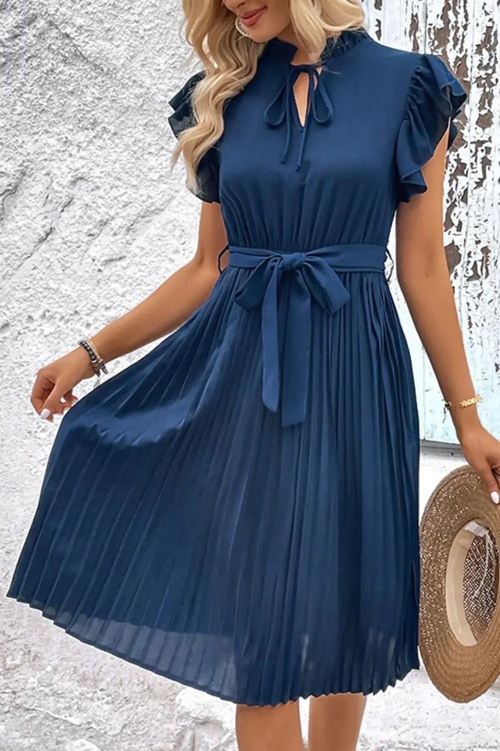 Tie Neck Belted Pleated Dress - Trendsi - Flyclothing LLC